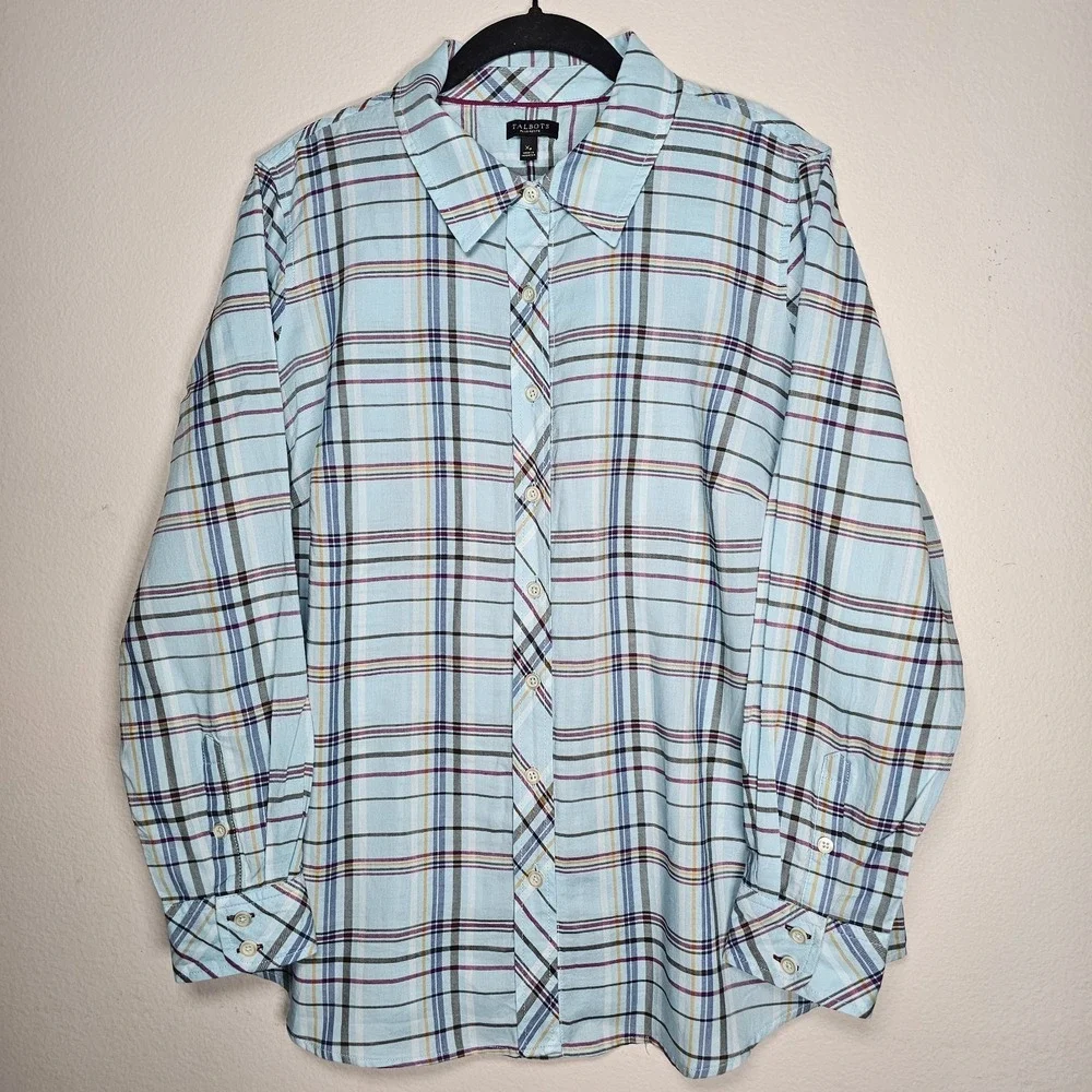 Talbots Womens Petite Plus 1X Casual Plaid Button Up Top Blue Mature Country - Picture 1 of 6